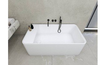 Окремостояча ванна з мармуру, каменю Dremex Glow 160x73x59,5 см, Gelcoat, білий матовий + сифон + лита полиця під аксесуари для ванни