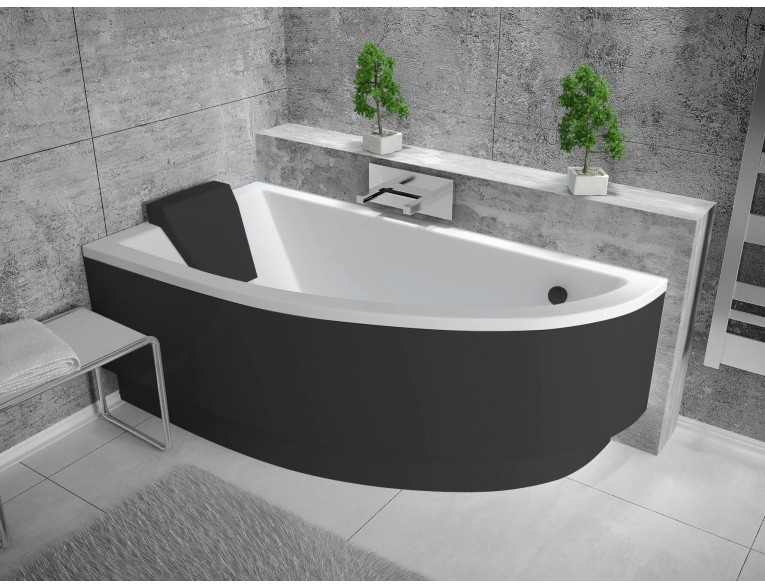 Ванна акрилова Besco Praktika 150x70 L, асиметрична + чорна панель + чорний підголівник (WAP-150-NL-BL-P)