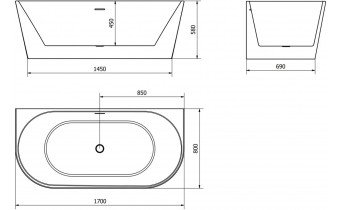 Пристінна окремостояча акрилова ванна Oval / Овал 170x80x58 см, біла глянцева, суцільнолита із заокругленими кутами