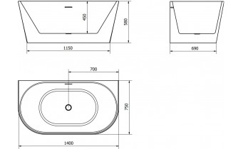 Вільностояча пристінна акрилова ванна Oval / Овал 140x75x58 см, біла глянцева, суцільнолита із заокругленими кутами, накладки злив перелив хром, + klick - klack