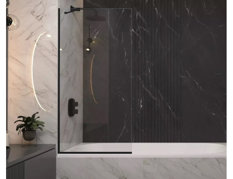 Душова шторка для ванни, нерухома Wave Glass Margo 90x150 см, односекційна, прозоре скло, профіль чорний матовий / Black