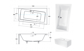 Ванна акрилова Besco Infinity 150x90 R, Правостороння, асиметрична + чорна панель + два білих підголівника (WAI-150-NP-BL-WH)