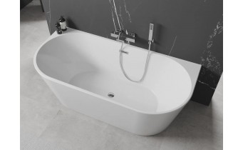 Вільностояча пристінна акрилова ванна Oval / Овал 140x75x58 см, біла глянцева, суцільнолита із заокругленими кутами, накладки злив перелив хром, + klick - klack