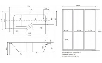 Акрилова ванна з душовою шторкою Besco Integra 170x75 L, асиметрична (WAI-170-PL3)