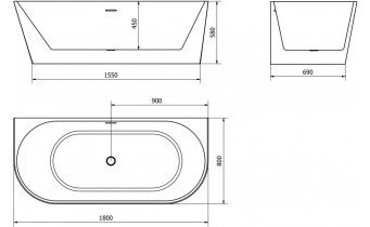 Пристінна окремостояча акрилова ванна Oval / Овал 180x80x58 см, біла глянцева, суцільнолита із заокругленими кутами