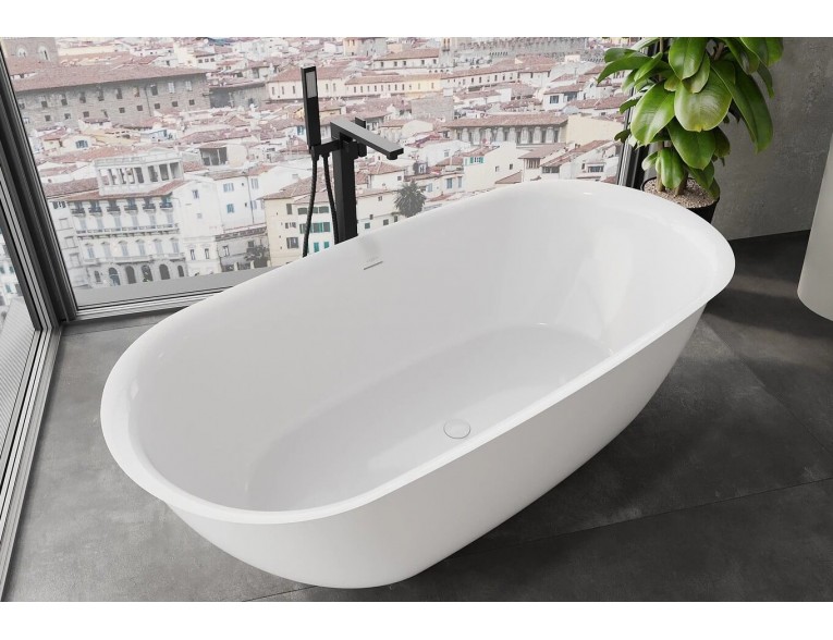 Окремостояча овальна ванна з каменю, штучного Siena / Сієна 170x80x54 см, біла глянцева