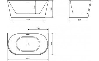 Вільностояча пристінна акрилова ванна Oval / Овал 140x75x58 см, біла глянцева, суцільнолита із заокругленими кутами, накладки злив перелив хром, + klick - klack
