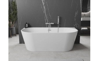 Вільностояча пристінна акрилова ванна Oval / Овал 140x75x58 см, біла глянцева, суцільнолита із заокругленими кутами, накладки злив перелив хром, + klick - klack