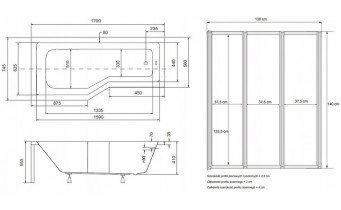 Акрилова ванна з душовою шторкою Besco Integra 170x75 L, асиметрична (WAI-170-PL3)