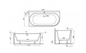 Ванна акрилова кутова Polimat SOLA 160x75 R, Правостороння біла + ніжки (00070)