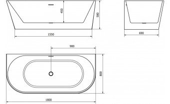 Пристінна окремостояча акрилова ванна Oval / Овал 180x80x58 см, біла глянцева, суцільнолита із заокругленими кутами