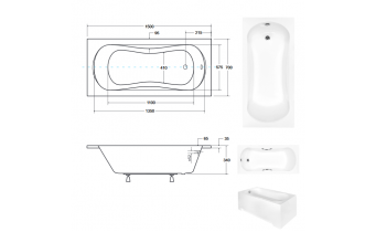 Ванна акрилова Besco Aria Prosafe 150x70 см, пряма низька ванна, висота ванни 34 см (WAA-150-PS)