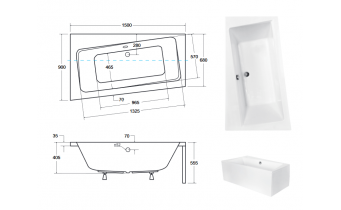 Ванна акрилова Besco Infinity 150x90 L, Лівостороння, асиметрична + чорна панель + два білих підголівника (WAI-150-NL-BL-WH)
