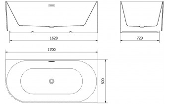 Пристінна кутова акрилова ванна Gia / Гія 170x80x58 см, R (Правостороння) біла глянцева, суцільнолита із заокругленим кутом, рифлена ззовні