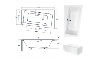 Ванна акрилова Besco Infinity 170x110 см R, Правостороння, асиметрична, із зручним місцем для ніг, засобів гігієни, функціональною полицею, з функцією врізки змішувача на борт (WAI-170-NP)
