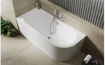 Пристінна кутова акрилова ванна Avita A-Line / Авіта А-Лайн 160x75x58.5 см, L (Лівостороння) біла глянцева, суцільнолита із заокругленим кутом, + Сифон з НАПОВНЕННЯМ ванни водою