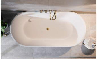 Вільно стояча - Окремостояча овальна акрилова ванна Deeva / Діїва 150x75x58 см, біла глянцева, суцільнолита, клапан клік-клак колір золота