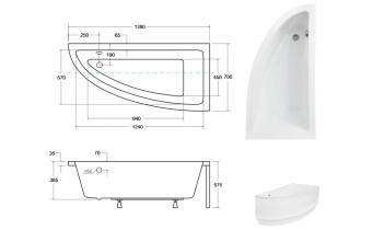 Ванна акрилова Besco Praktika 140x70 R, асиметрична + чорна панель (WAP-140-NP-BL)