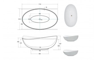 Окремостояча кам'яна ванна для двох Besco Siya / Сія Matt 172x100 см, біла матова + сифоном click/clack White - Білий, верхнє очищення