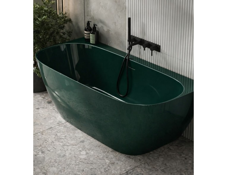 Окремостояча пристінна ванна з штучного каменю Water Stone Dea Wall / Діа Волл 163x82x59 см, Зелена глянцева, суцільнолита, клапан клік-клак колір ванни