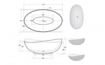 Окремостояча кам'яна ванна для двох Besco Siya / Сія Matt 172x100 см, біла матова + сифоном click/clack White - Білий, верхнє очищення