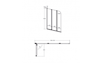 Душова шторка на ванну Besco Prime Black III 120x140 см, на 3 секції, прозоре скло, профіль чорний матовий (PNPB-3S)
