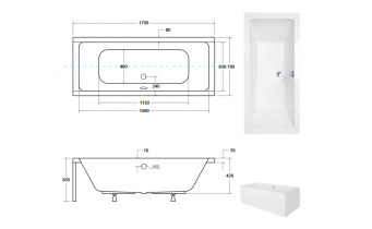 Ванна акрилова Besco Quadro 175x80, пряма + чорна панель (WAQ-175-PK-BL)