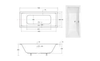 Ванна акрилова Besco Quadro Slim 155x70 см, пряма, торець бортика 15 мм, слім ванна, під забудову, пєдестал (WAQ-155-SL)