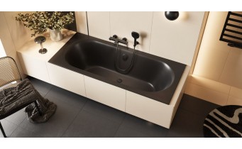 Ванна акрилова пряма Excellent Oceana Slim 160x75 см, Чорна матова / Black Matt, під забудову, пєдестал, бортик 18 мм