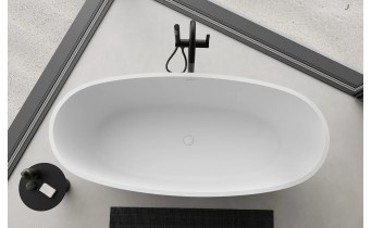 Окремостояча овальна ванна з каменю, штучного Torino / Торіно 155x78x56 см, біла матова + сифон