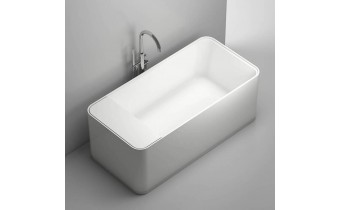 Окремостояча ванна з мармуру, каменю Dremex Glow 160x73x59,5 см, Gelcoat, білий матовий + сифон + лита полиця під аксесуари для ванни