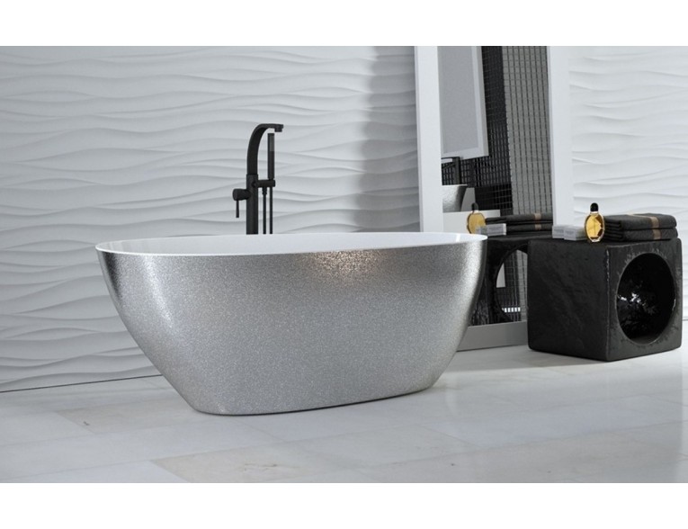 Окремостояча кам'яна ванна Besco Goya Glam 142x62xs, срібна з сифоном click / clack (WMD-140-GS)