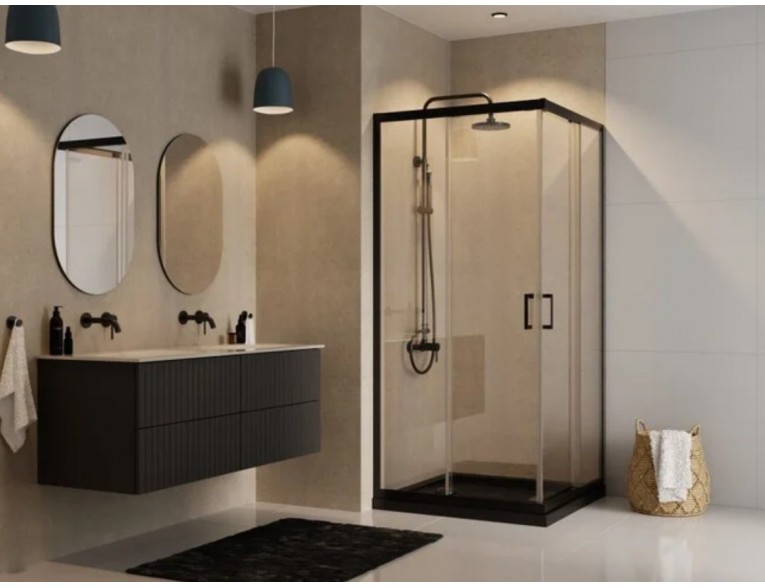 Душова кабіна квадратна з розсувними дверима Modern 90x90x190, прозоре скло, чорний профіль