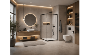 Душова кабіна квадратна з розсувними дверима в середину Varia 90x90x200 см, сторона ліва та права, прозоре скло, чорний профіль, повертається в потрібну сторону