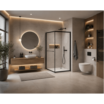Душова кабіна квадратна з розсувними дверима в середину Varia 90x90x200 см, сторона ліва та права, прозоре скло, чорний профіль, повертається в потрібну сторону