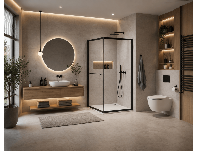 Душова кабіна квадратна з розсувними дверима в середину Varia 90x90x200 см, сторона ліва та права, прозоре скло, чорний профіль, повертається в потрібну сторону
