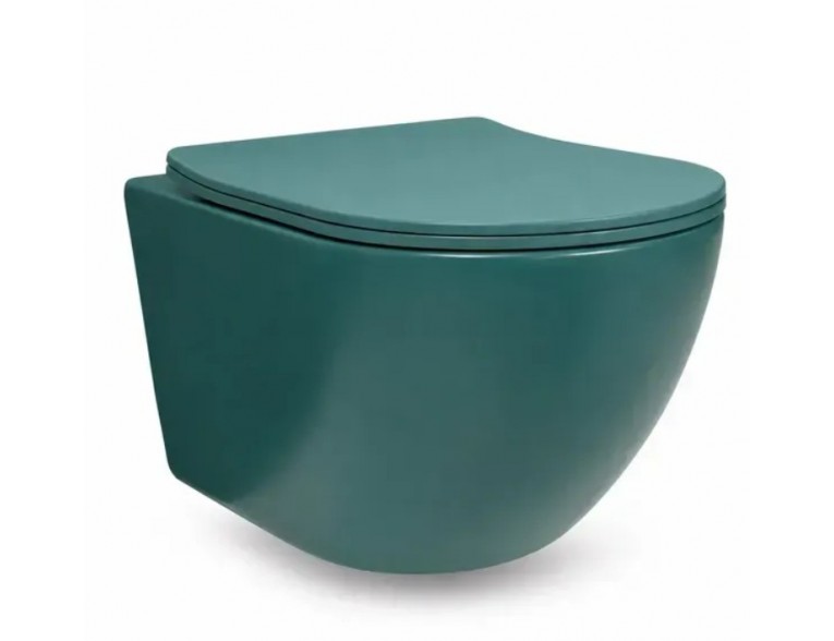 Підвісний унітаз круглий з кришкою вільного падіння soft-close Vulcano Emerald 49x37 см, безобідковий, зелений матовий