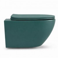 Підвісний унітаз круглий з кришкою вільного падіння soft-close Vulcano Emerald 49x37 см, безобідковий, зелений матовий