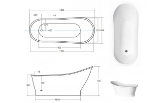 Ванна окремостояча Besco Gloria 150x68, біла, Мінеральне лиття Mineral DuraBe (WMD-150-GL)