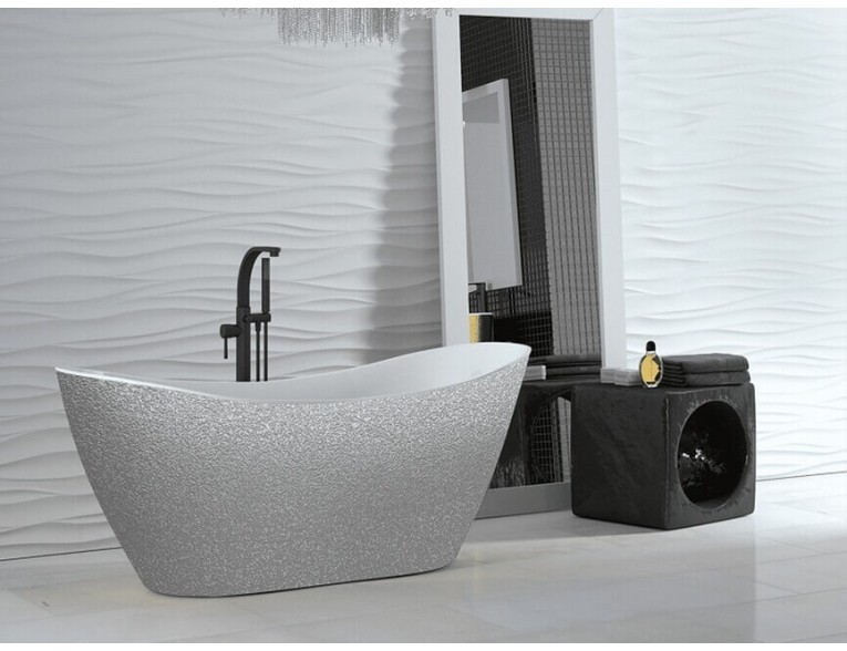 Окремостояча кам'яна ванна Besco Viya Glam 160x70, срібна з сифоном click / clack (WMD-160-VS)