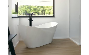 Ванна окремостояча з штучного каменю Besco Viya 160x70, біла глянцева + сифон klik-kak, Мінеральне лиття Mineral DuraBe (WMD-160-V)