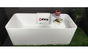 Окремостояча ванна з мармуру, каменю Dremex Glow 160x73x59,5 см, Gelcoat, білий глянцевий + сифон + лита полиця під аксесуари для ванни