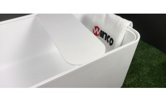 Окремостояча ванна з мармуру, каменю Dremex Glow 160x73x59,5 см, Gelcoat, білий глянцевий + сифон + лита полиця під аксесуари для ванни