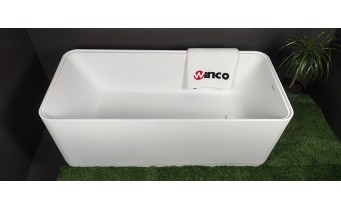 Окремостояча ванна з мармуру, каменю Dremex Glow 160x73x59,5 см, Gelcoat, білий глянцевий + сифон + лита полиця під аксесуари для ванни