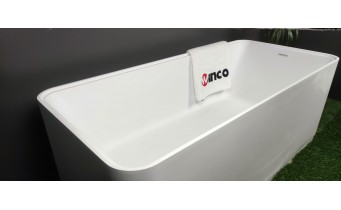 Окремостояча ванна з мармуру, каменю Dremex Glow 160x73x59,5 см, Gelcoat, білий глянцевий + сифон + лита полиця під аксесуари для ванни