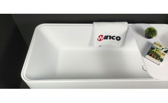 Окремостояча ванна з мармуру, каменю Dremex Glow 160x73x59,5 см, Gelcoat, білий глянцевий + сифон + лита полиця під аксесуари для ванни
