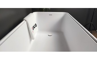 Окремостояча ванна з мармуру, каменю Dremex Glow 160x73x59,5 см, Gelcoat, білий глянцевий + сифон + лита полиця під аксесуари для ванни