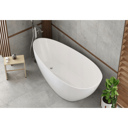 Окремостояча кам'яна ванна Besco Goya 142x62xs з сифоном click / clack, хром, верхнє очищення (WMD-140-GKC)