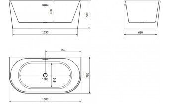 Вільностояча пристінна акрилова ванна Oval / Овал 150x75x58 см, біла глянцева, суцільнолита із заокругленими кутами, накладки злив перелив хром, + klick - klack