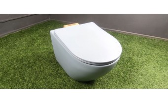 Унітаз безобідковий Mexen Lena Rimless 48 см, з тонким сидінням soft-close, Duroplast Super Slim, сіро-блакитний матовий